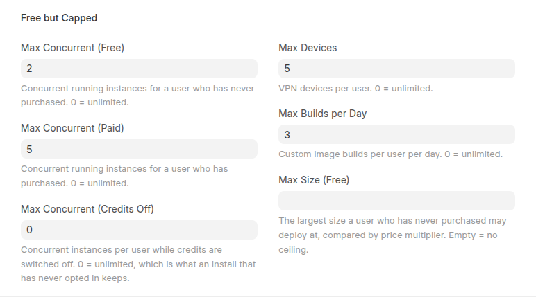 The Credit Settings document in Frappe Desk, Free but Capped section.