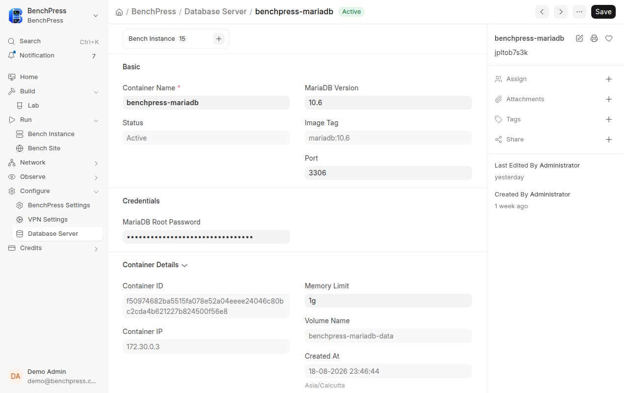 The Database Server document benchpress-mariadb in Frappe Desk with an Active badge.