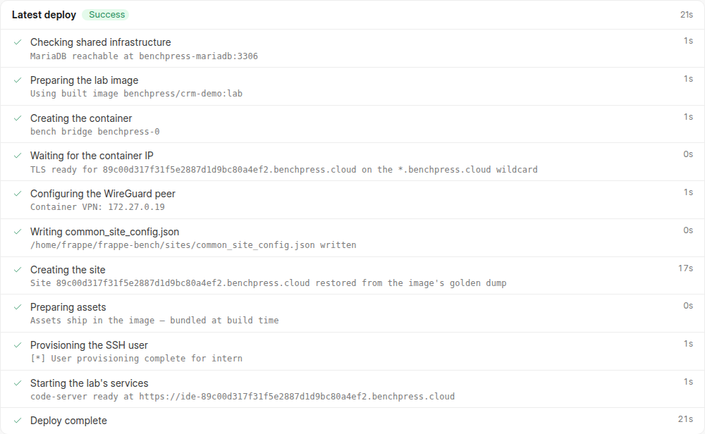 The Deploy log tab of the Frappe CRM demo lab, showing a Latest deploy header reading Success in 21s over eleven ticked steps.