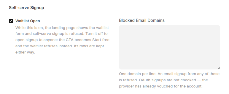 The Credit Settings document in Frappe Desk, Self-serve Signup section.