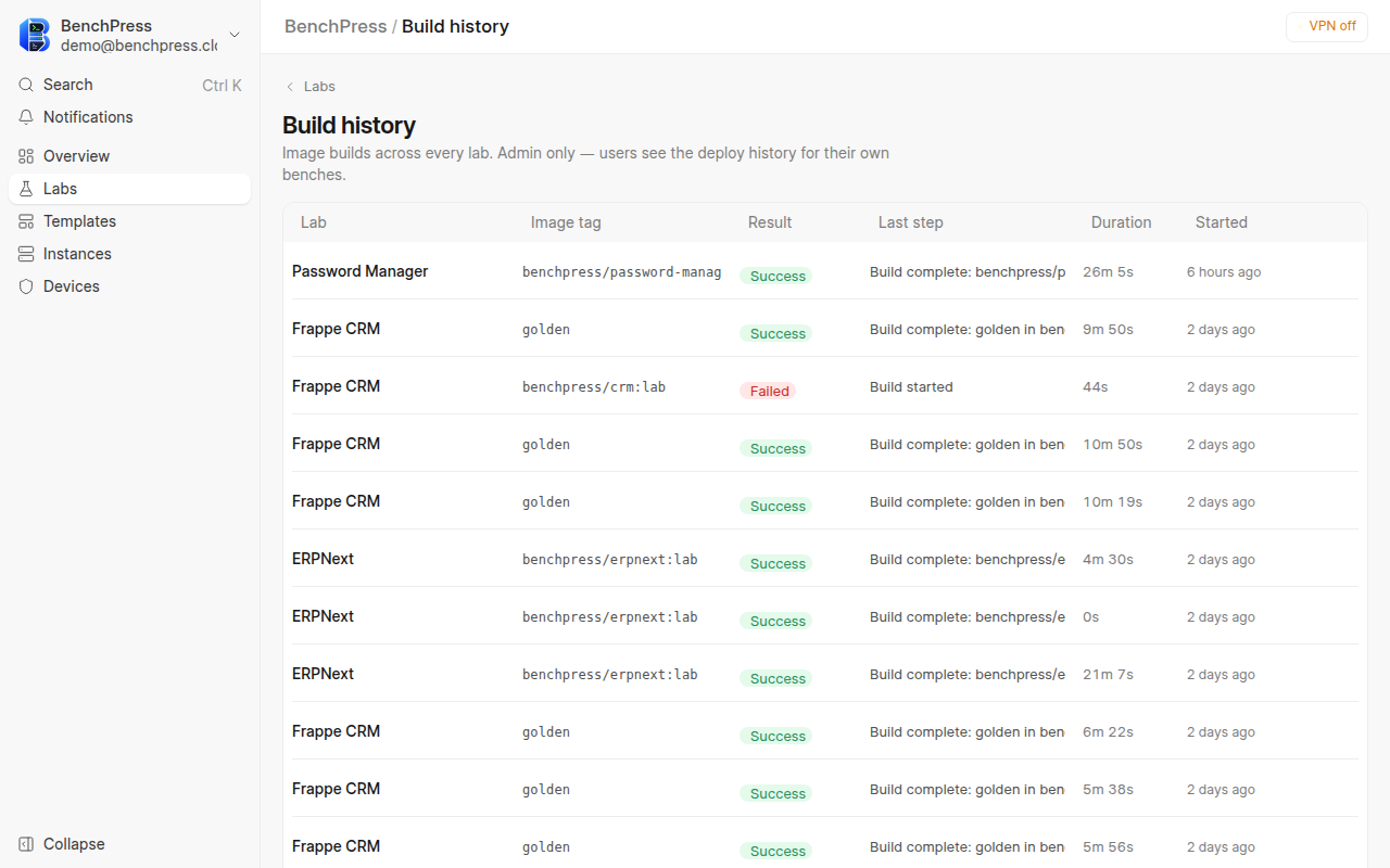 The Build history page in BenchPress, listing image builds across every lab in six columns — Lab, Image tag, Result, Last step, Duration...