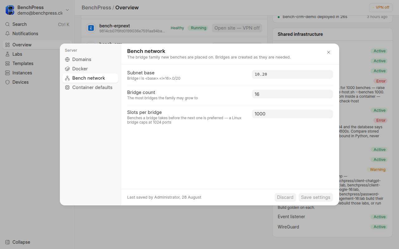 The BenchPress settings dialog, Bench network panel, showing Subnet base 10.20, Bridge count 16 and Slots per bridge 1000, each with a...