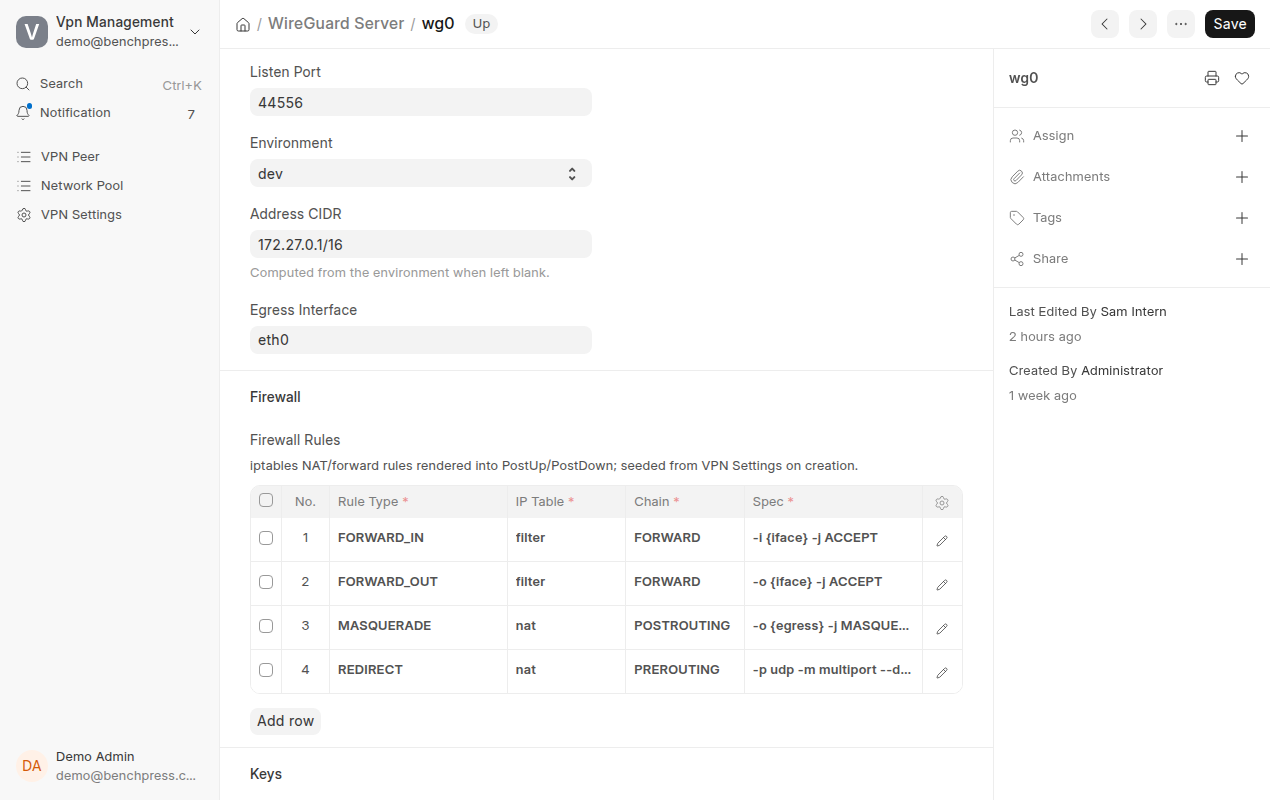 The WireGuard Server document wg0 in Frappe Desk.