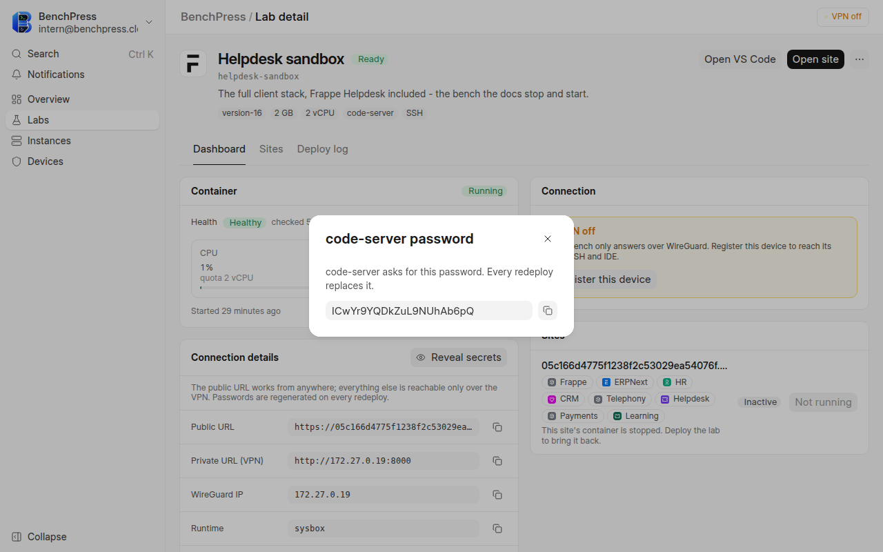 the Helpdesk sandbox lab page with a small dialog over it, headed code-server password.
