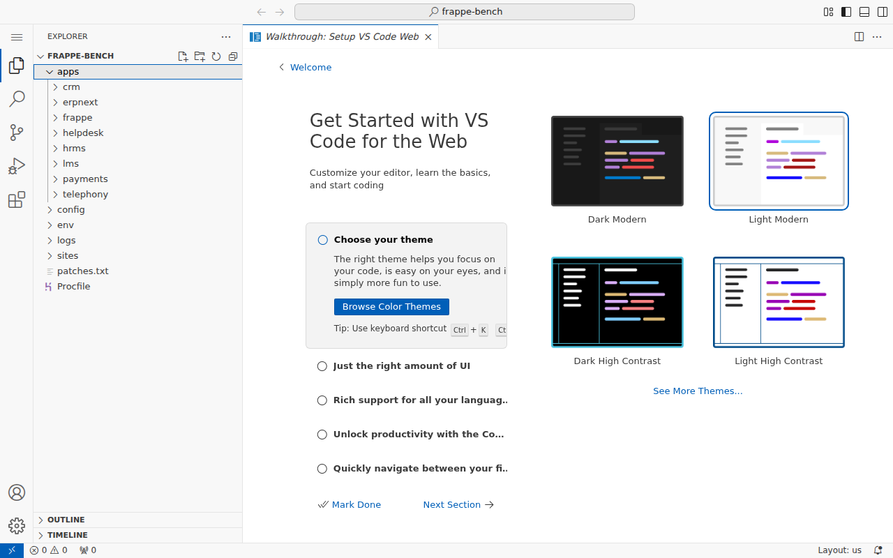 the code-server workspace in a browser, showing VS Code for the Web with a light theme.