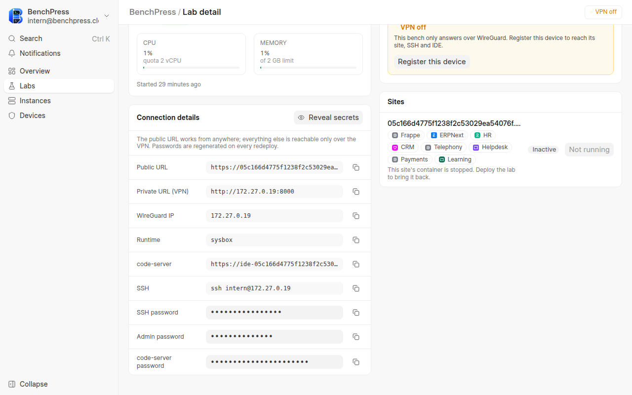 the Connection details card on a lab page, seen as a non-admin user.