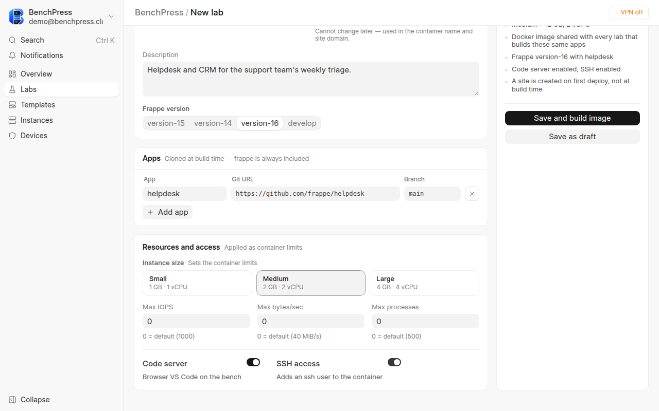 the lower half of the New lab form at 1280 by 800 pixels.