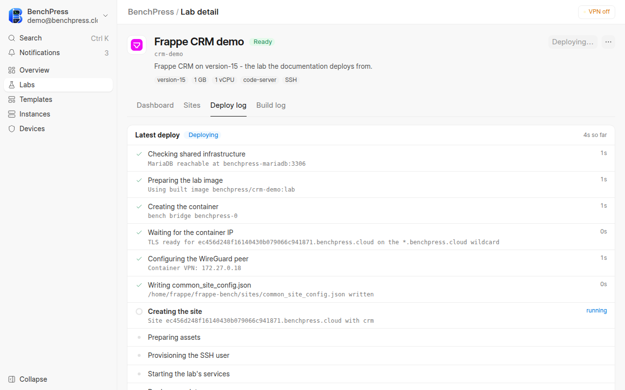 the Deploy log tab of the crm-demo lab part way through a run, at 1280 by 800 pixels.