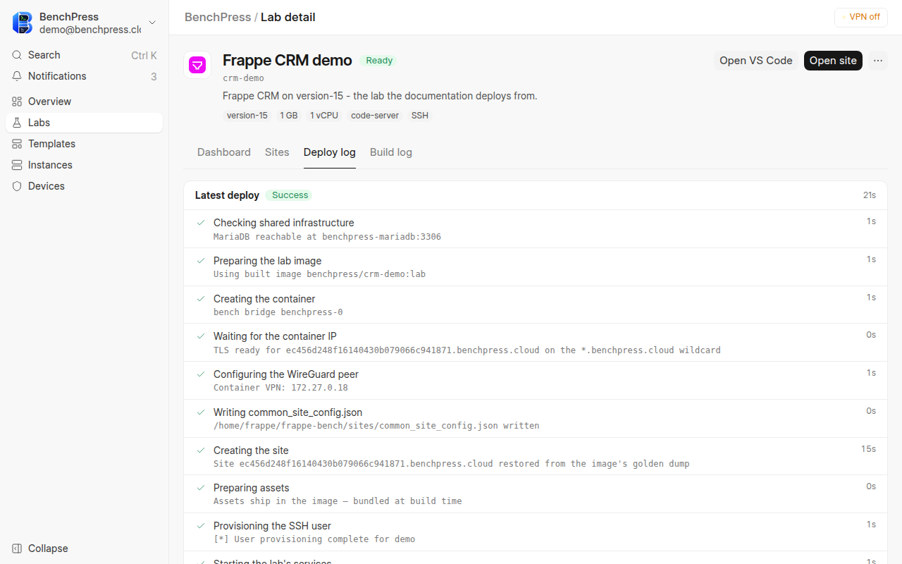 the same Deploy log tab after the run finished, at 1280 by 800 pixels.