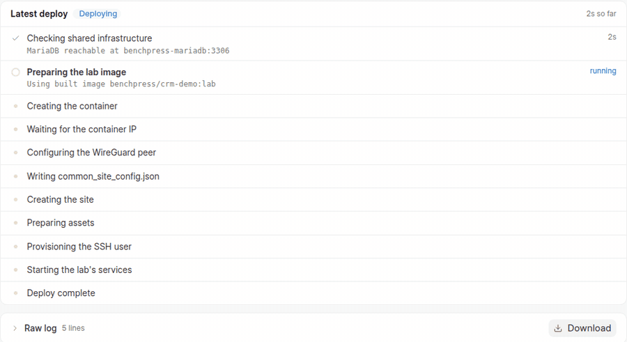 the BenchPress Deploy log tab during a real deploy of the crm-demo lab.