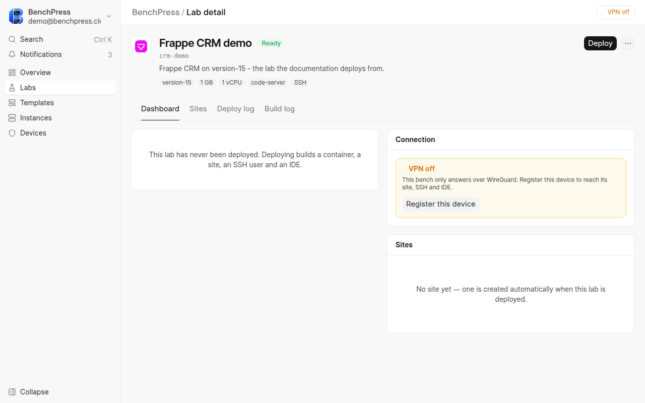The BenchPress lab page for Frappe CRM demo before any deploy, at 1280 by 800 pixels.