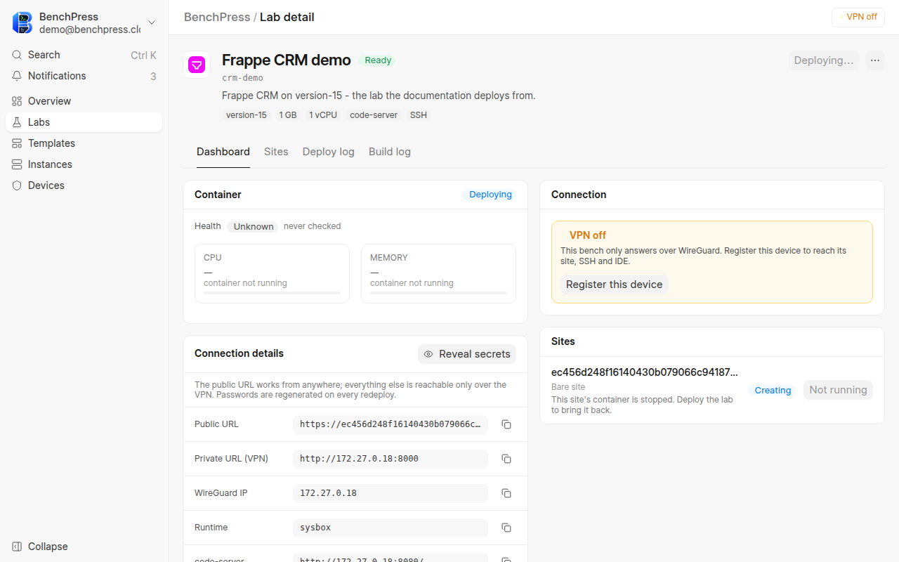 The same lab page during a deploy, at 1280 by 800 pixels.