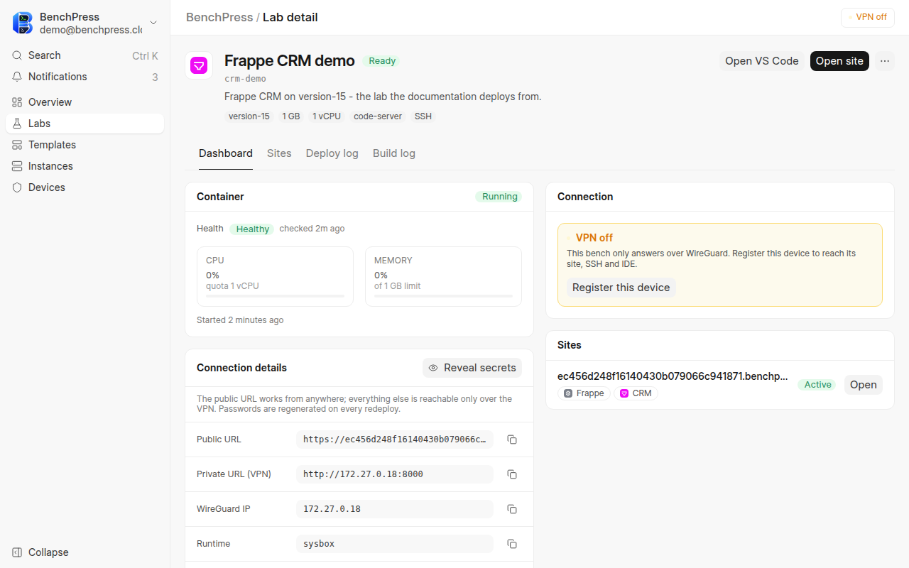 The same lab page after the deploy finished, at 1280 by 800 pixels.
