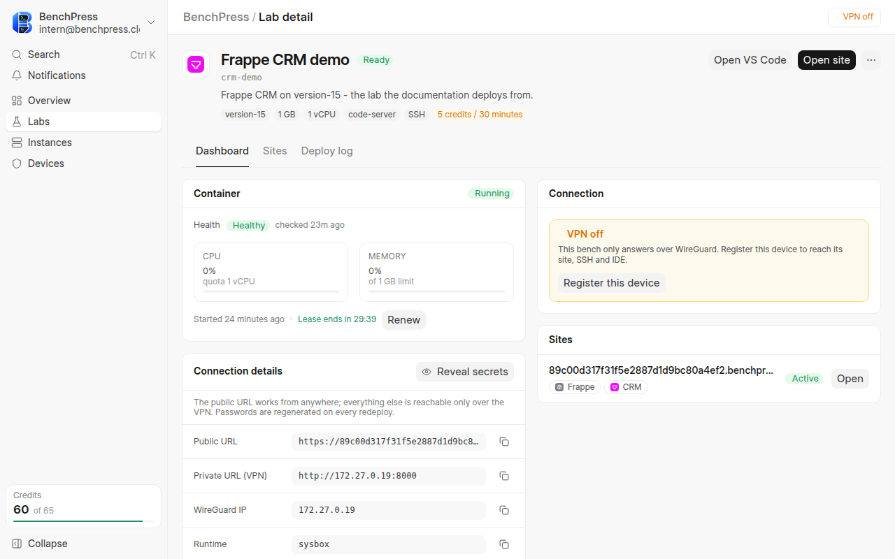 the Dashboard tab of the Frappe CRM demo lab with credits on.