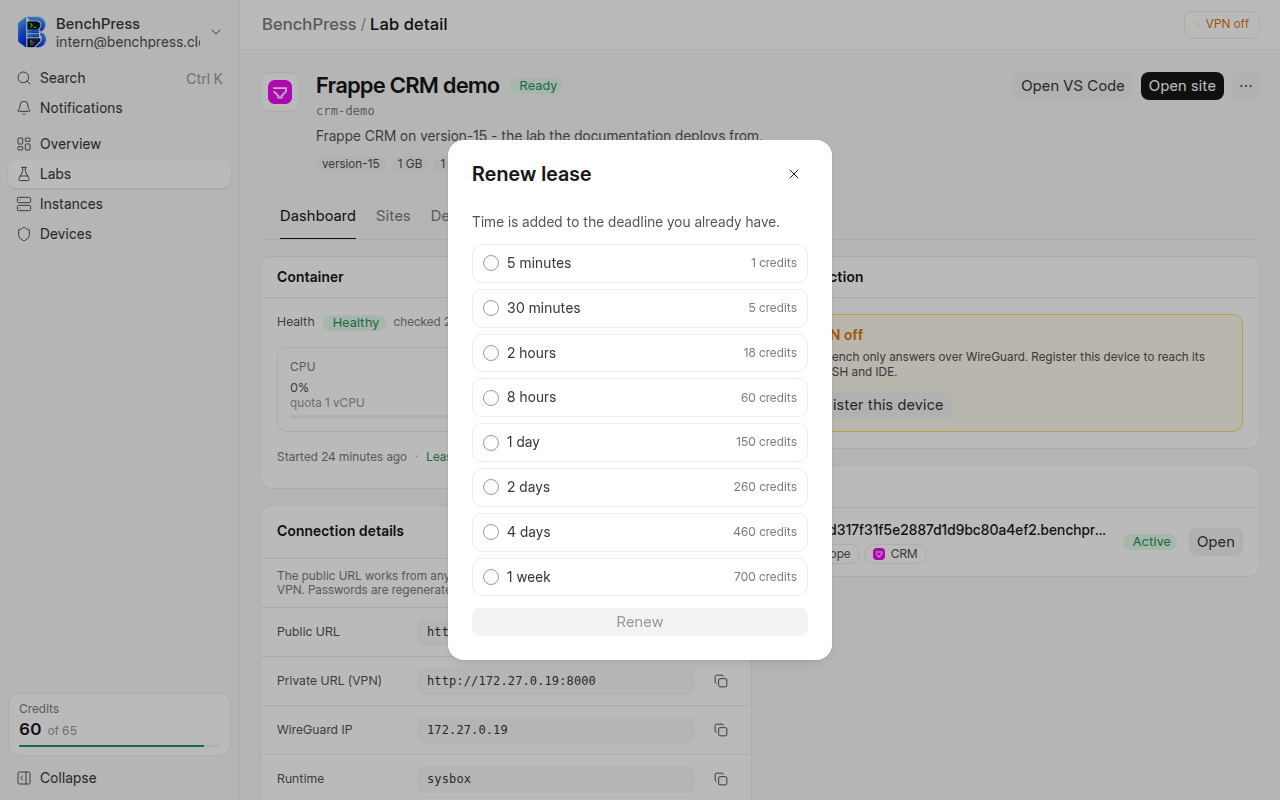 the Renew lease dialog over the lab page.