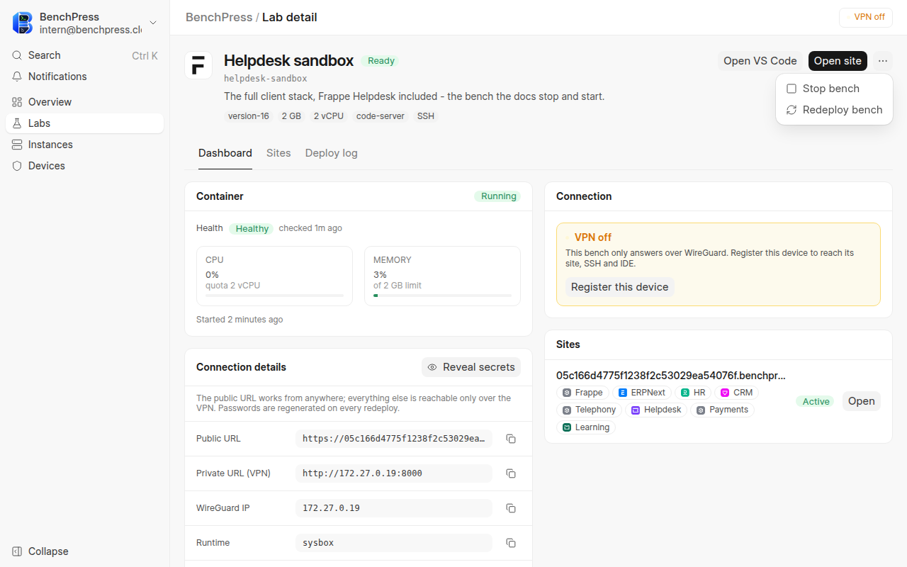 The BenchPress lab page for Helpdesk sandbox as a non-admin user, at 1280 by 800 pixels.