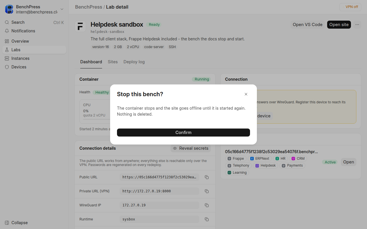 A confirmation dialog over the Helpdesk sandbox lab page, at 1280 by 800 pixels.