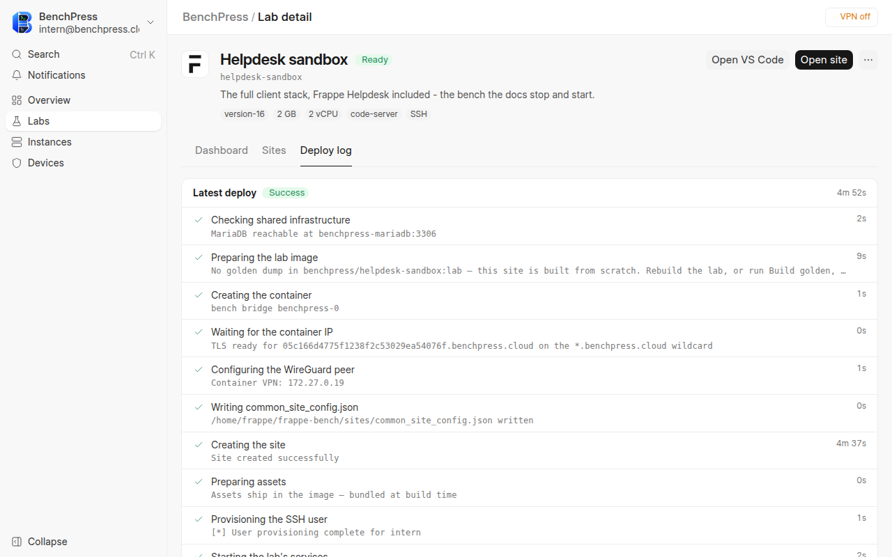 the Deploy log tab of a lab page.