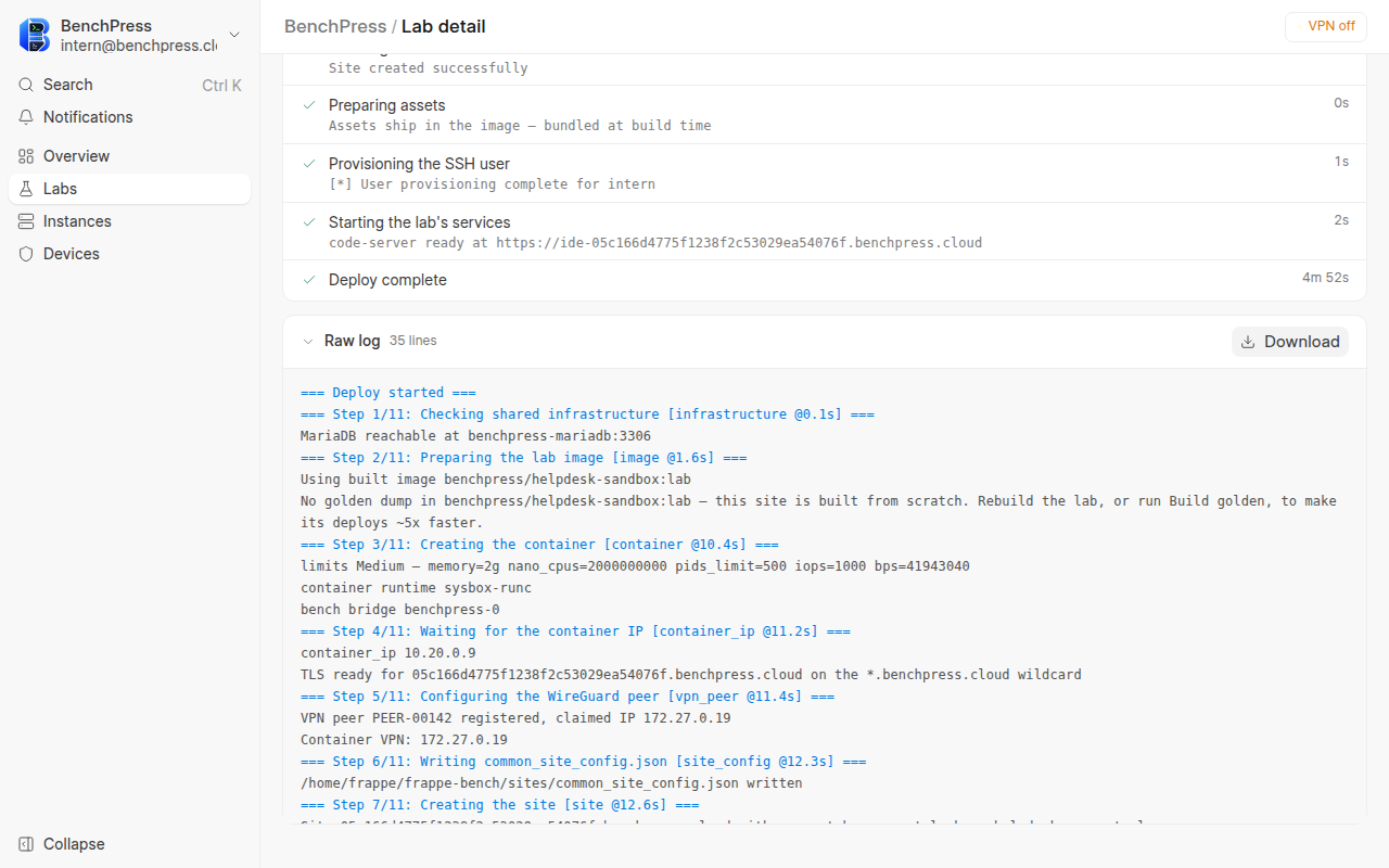 the Deploy log tab scrolled down.