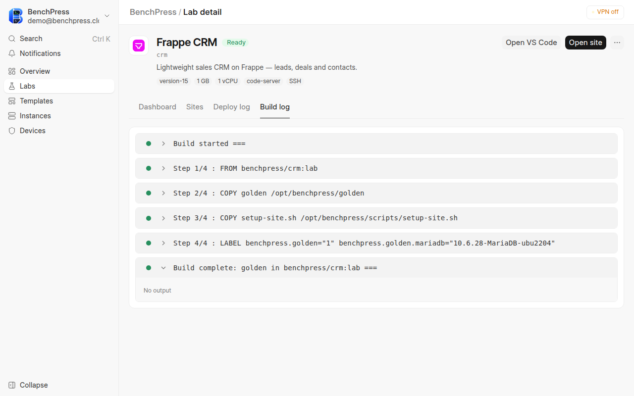 the Build log tab of the Frappe CRM lab, seen as an admin.
