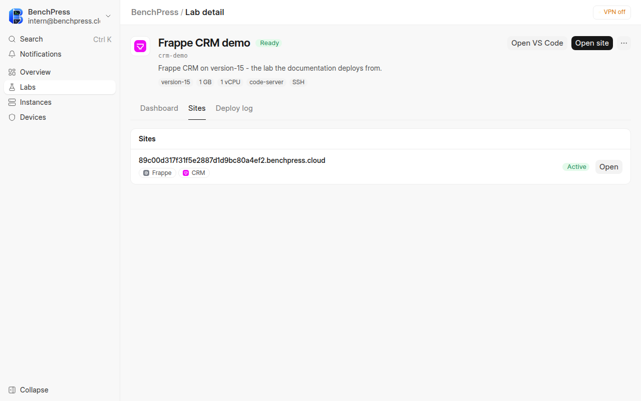 The Sites tab of the Frappe CRM demo lab at 1280 by 800 pixels.
