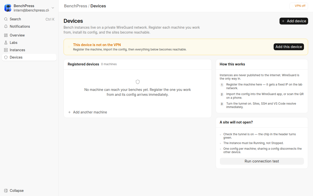 The BenchPress Devices page at 1280 by 800 pixels with nothing registered.