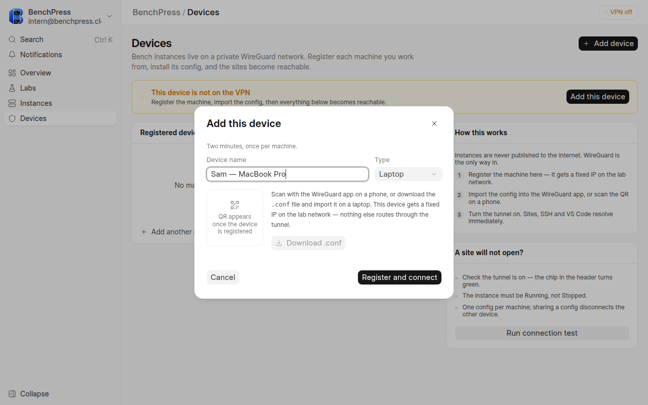 The Add this device dialog over the Devices page at 1280 by 800 pixels.