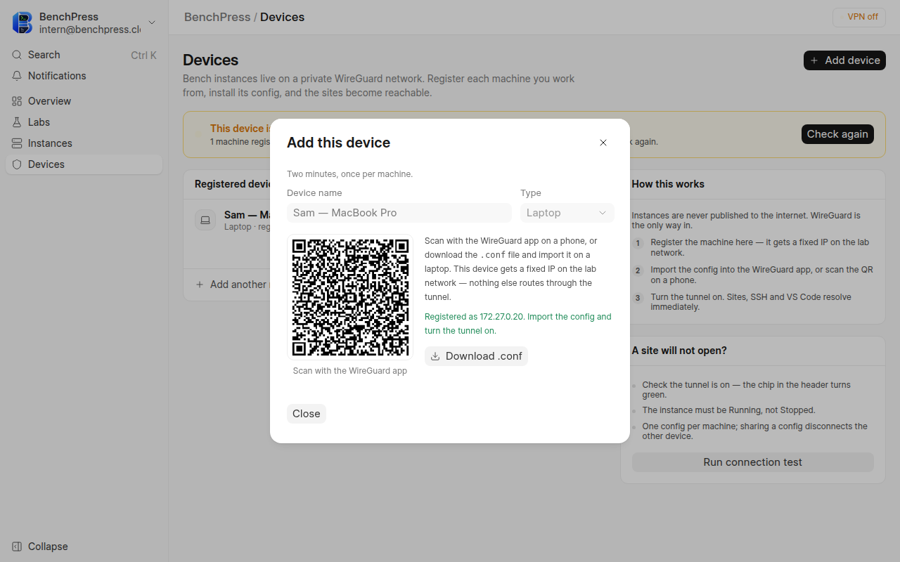 The same dialog after registration, at 1280 by 800 pixels.