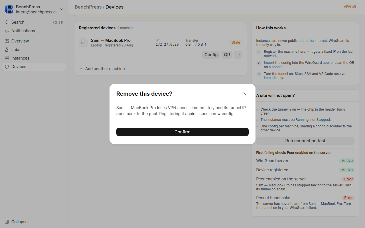 A confirmation dialog over the Devices page at 1280 by 800 pixels, headed Remove this device?